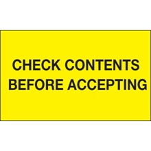 3 x 5" - "Check Contents Before Accepting" (Fluorescent Yellow) Labels image